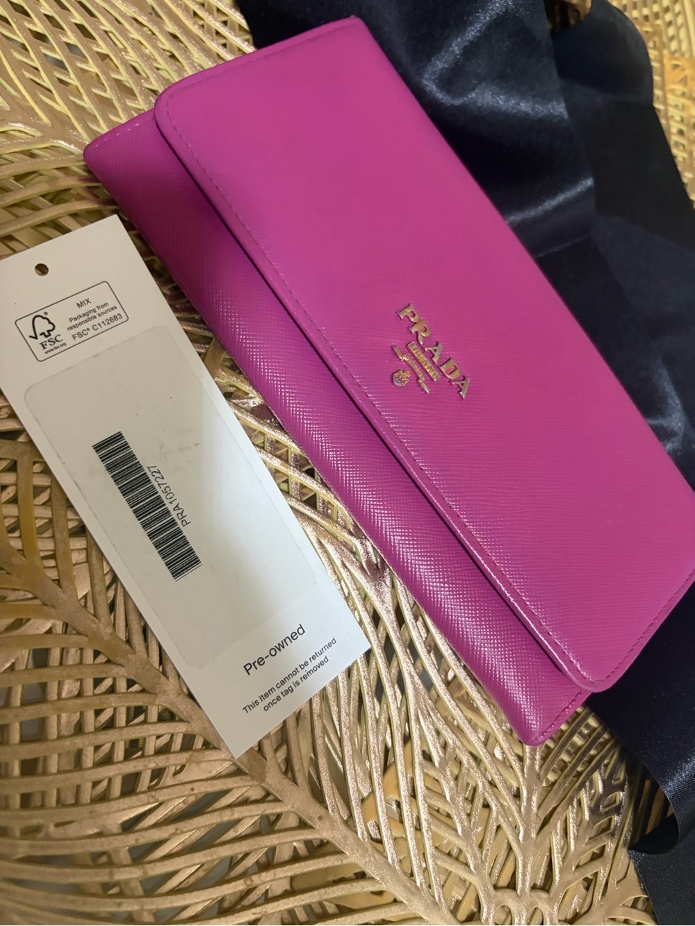 Prada Pink Saffiano Fold-Over Wallet Clutch with Gold Logo